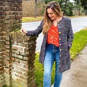 CAbi Headline Topper Button Coat in Multi Stripe, Flowers | 12 EUC